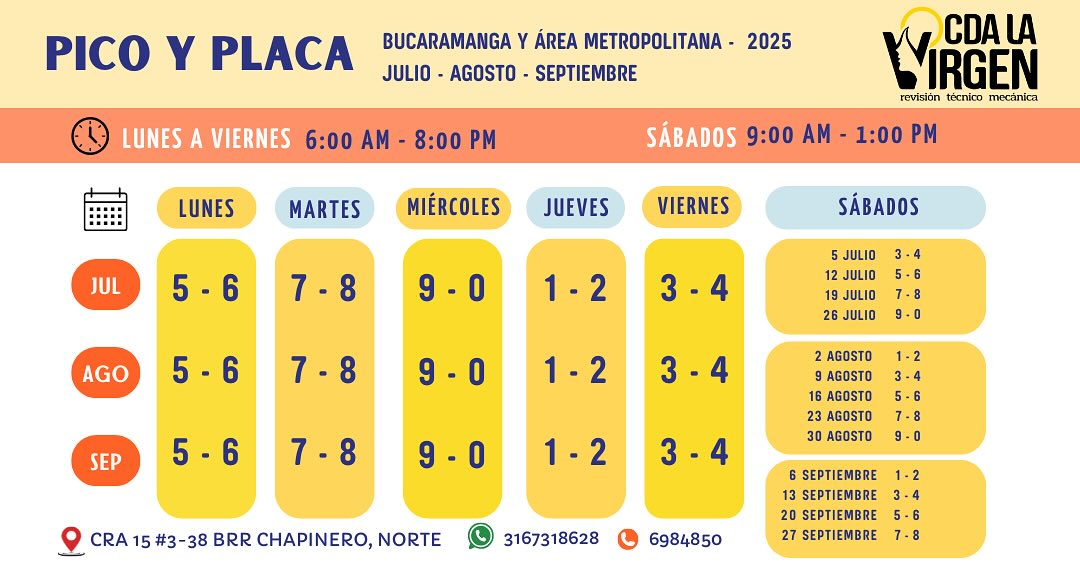¡Nuevo PICO Y PLACA! A partir del 1 de Julio.
Los vehículos de toda el área metropolitana de Bucaramanga tendrán restricciones según el calendario vigente. Aplica de lunes a viernes de 6:00 a.m. a 8:00 p.m. y sábados de 9:00 a.m. a 1:00 p.m.
📍 Cra 15 #3-38, Brr Chapinero Norte.
📱 3167318628 - 6984850.