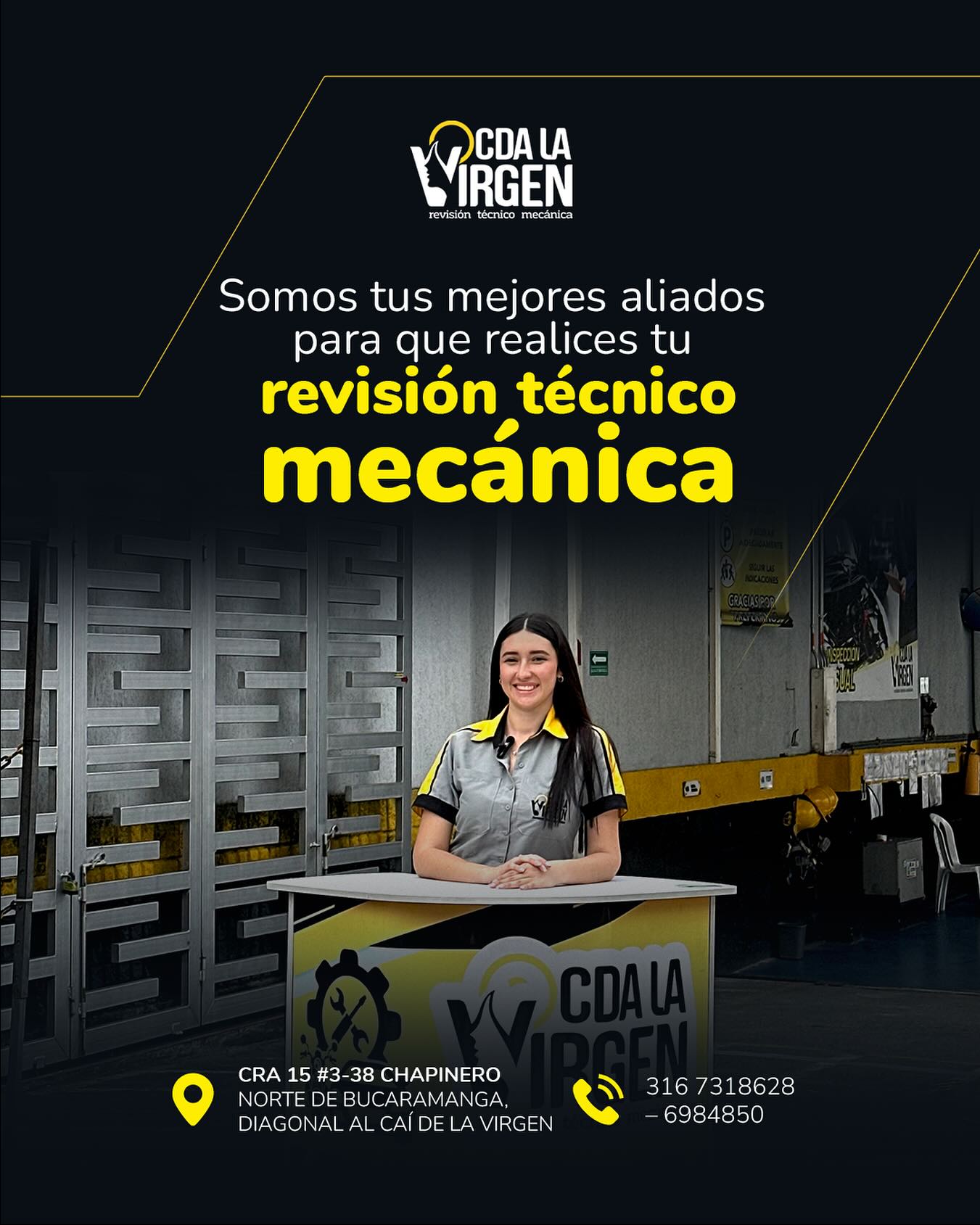 🚗 En CDA La Virgen nos tomamos en serio tu seguridad.
✅ Somos tus aliados en la revisión técnico-mecánica.
📍 Visítanos Cra 15 #3-38 en el norte de Bucaramanga, diagonal al CAI de La Virgen.
📲 Escríbenos para más información: 316 731 8628