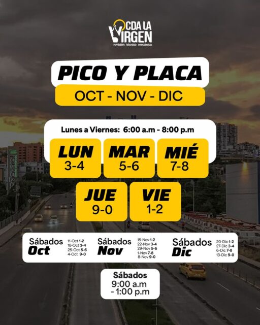 🚦 ¡Pilas conductores!
El Pico y Placa empieza a aplicar desde el 1 de octubre.
⏰ Lunes a viernes: 6:00 a.m. - 8:00 p.m.
⏰ Sábados: 9:00 a.m. - 1:00 p.m.

📍 Cra 15 #3-38, Chapinero Norte (diagonal al CAI de La Virgen).
📞 316 7318628 - 6984850

👉 Haz tu revisión técnico-mecánica con nosotros en CDA La Virgen.