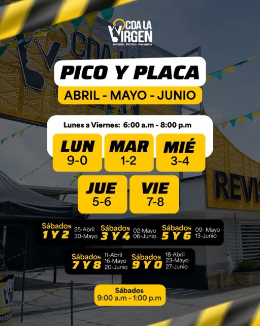 🚗 Pico y placa actualizado 🚗
Abril - Mayo - Junio
Ten presente los días de restricción y evita comparendos 🙌
Y de paso deja tu vehículo al día con tu revisión técnico mecánica.
📍 Te esperamos en nuestros CDA
✔️ Sin cita
✔️ Rápido y seguro
