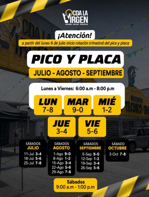 🚗⚠️ ¡Atención conductores! Esta es la nueva rotación trimestral del pico y placa para los meses de julio, agosto y septiembre.

📅 Antes de salir, verifica si tu vehículo tiene restricción y evita contratiempos en la vía.

✅ Y recuerda mantener tu vehículo al día con la Revisión Técnico Mecánica para conducir con tranquilidad y seguridad.