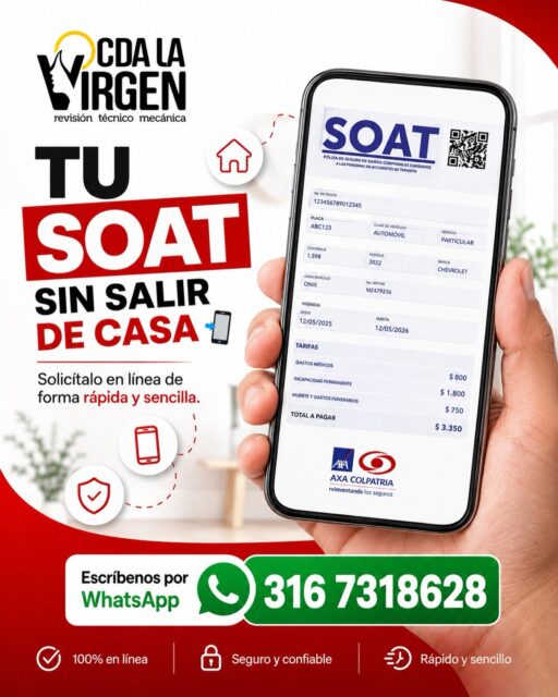🚗📲 ¡Tu SOAT sin filas y sin complicaciones!

En CDA La Virgen te ayudamos a adquirir tu SOAT de manera rápida, segura y 100% en línea, sin necesidad de salir de casa. ✅

✔️ Atención inmediata por WhatsApp
✔️ Proceso fácil y confiable
✔️ Acompañamiento durante la compra
✔️ Recibe tu póliza al instante

No esperes a última hora. Mantén tu vehículo al día y viaja con tranquilidad. 🚘✨

📲 Escríbenos al 316 731 8628 y solicita tu SOAT hoy mismo.