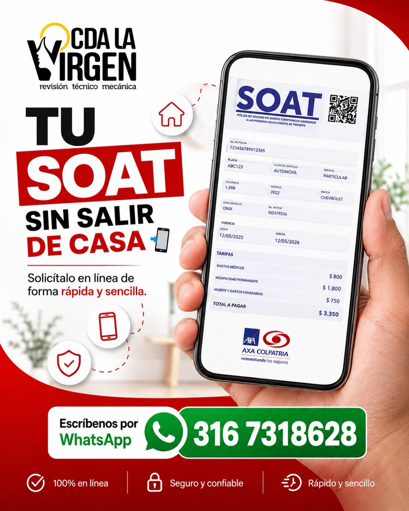 🚗📲 ¡Tu SOAT sin filas y sin complicaciones!

En CDA La Virgen te ayudamos a adquirir tu SOAT de manera rápida, segura y 100% en línea, sin necesidad de salir de casa. ✅

✔️ Atención inmediata por WhatsApp
✔️ Proceso fácil y confiable
✔️ Acompañamiento durante la compra
✔️ Recibe tu póliza al instante

No esperes a última hora. Mantén tu vehículo al día y viaja con tranquilidad. 🚘✨

📲 Escríbenos al 316 731 8628 y solicita tu SOAT hoy mismo.